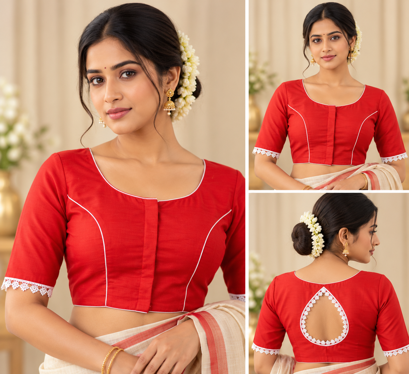 Scarlet Red Zari Border Festive Readymade Blouse